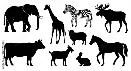 Comprehensive collection of diverse animal silhouettes, showcasing various mammals from wild safari creatures to domesticated farm livestock for educational and design projects