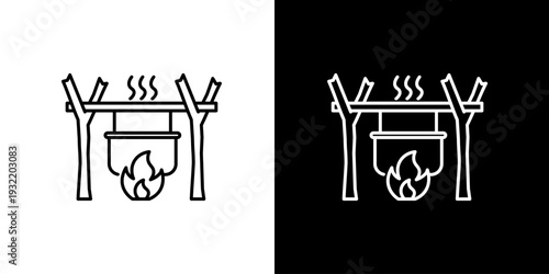 Minimalist vector line icon of a traditional camping campfire with a hanging pot for outdoor cooking, symbolizing adventure, wilderness survival, and travel food preparation