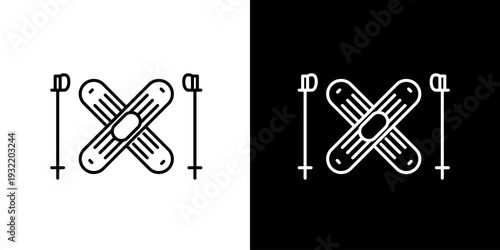 Outline Icon Graphic of Ski Equipment, Featuring Crossed Skis and Poles, Representing Winter Sport and Recreation Activity