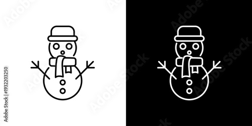 Simple and elegant outline icon of a snowman with hat and scarf, in both black and white backgrounds