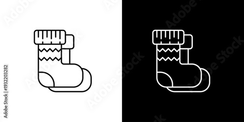 Christmas stockings icons in outline style on black and white backgrounds, symbolizing festive holidays and winter traditions