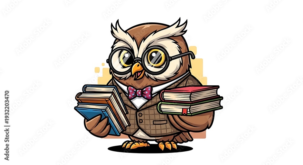 Obraz premium An owl wearing glasses and holding multiple books, standing in a simple white environment, viewed from the front.