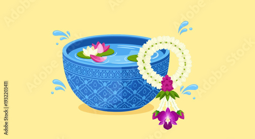 Blue Ceramic Bowl with Lotus Flowers Floating.