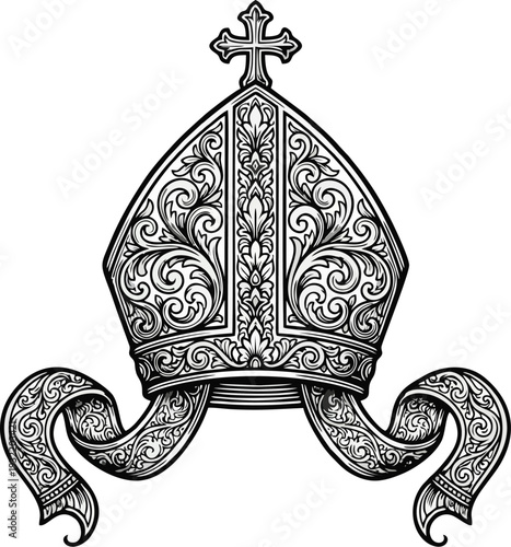 Ornate Bishop Mitre with Cross and Ribbon Lappets, Black and White Vintage Engraving Vector Line Art Illustration