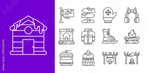 Cozy Winter Icons Snow-Covered Cabin, Fireplace, Warm Clothing, and Outdoor Activities
