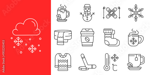Collection of Winter Season Icons, Featuring Snowflakes, Hot Drinks, and Seasonal Apparel for Holidays and Activities
