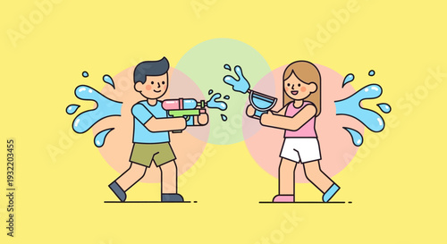 Boy and Girl Fighting with Water Guns.