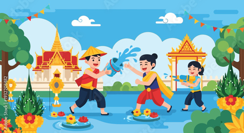 Children Playing with Water in River.