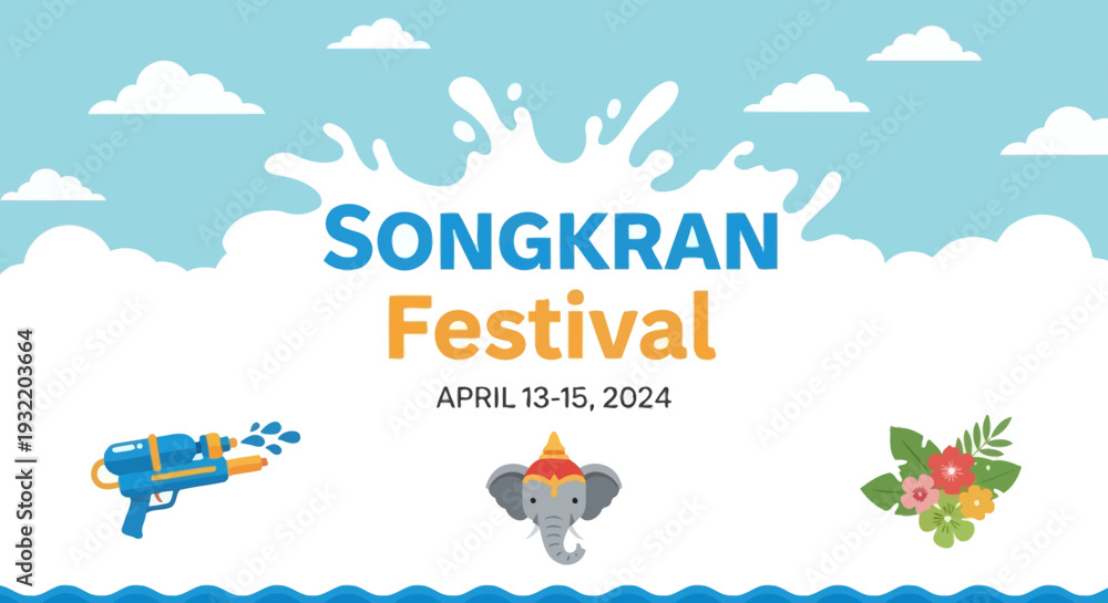 Naklejka premium Songkran Festival Elephant Water Splash Graphic Design.