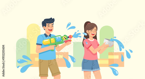 Man and Woman Playing with Water Guns 1.