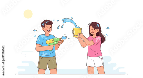 Man and Woman Playing with Water Guns.