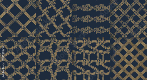 Abstract geometric pattern collection on navy backgrounds for decorative designs