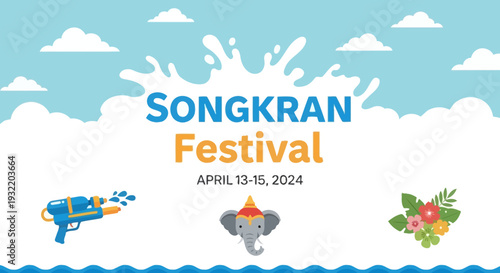 Songkran Festival Elephant Water Splash Graphic Design.