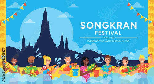 Songkran Festival People Water Splashing Together.