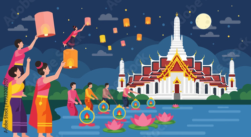 Women Releasing Lanterns on Water at Night.