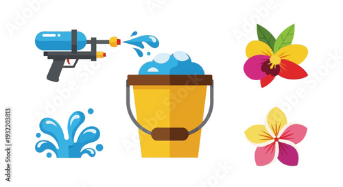 Water Spraying from Hose and Bucket.