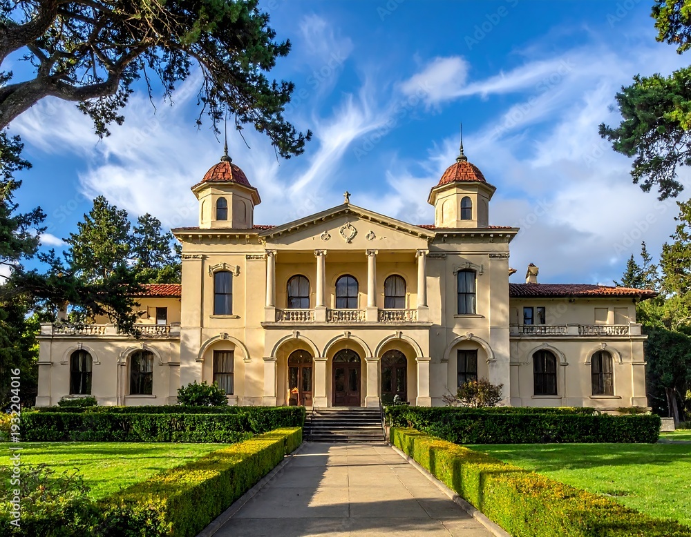 Fototapeta premium Ornate, multi-storied building with a symmetrical design, set on manicured lawn