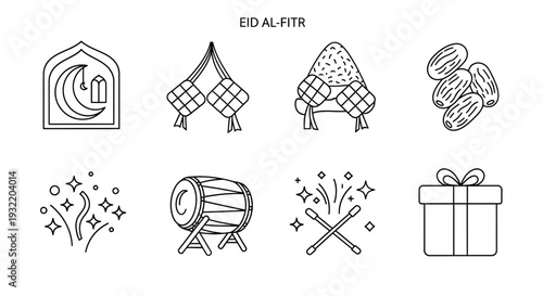Eid al fitr celebration line art icons of festive symbols and decorations
