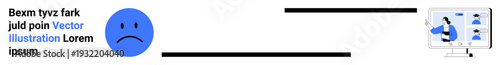 Emotional health, remote work, digital interaction, workplace communication, team collaboration, mental well-being. Blue sad face icon connected to a computer video call. Emotional health and remote