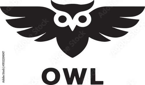Black silhouette of an owl with outstretched wings above the word O W L white bird