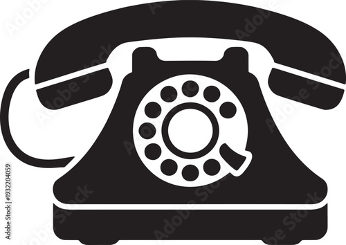 Black silhouette of a vintage rotary dial telephone with handset and cord retro communication