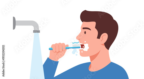 Man Brushing Teeth with Toothbrush in Bathroom.