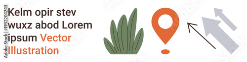 Navigation, mapping, travel planning, geolocation, nature, data flow. A geolocation pin, arrows and a leaf symbol. Navigation and mapping concepts illustrated with geolocation icons