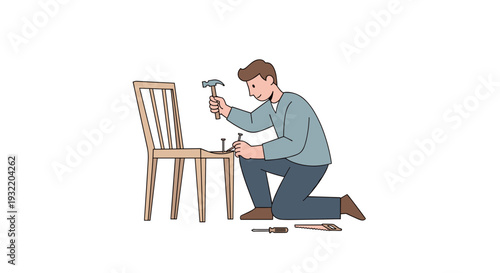 Man Hammering Nail into Wooden Chair.