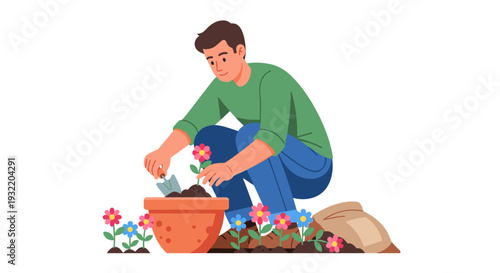 Man Planting Flowers in Pot.