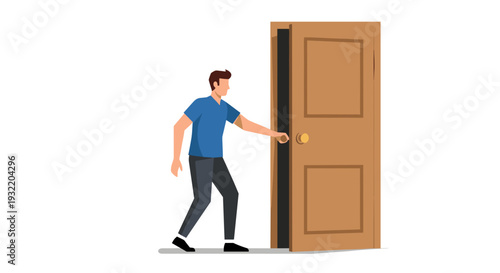 Man Opening Large Wooden Door Illustration.