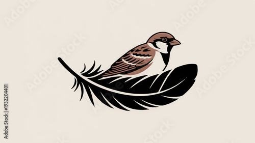 Brown bird perched on black feather isolated on beige background symbolizing freedom and nature