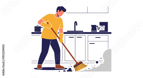 Man Sweeping Floor with Broomstick 1.