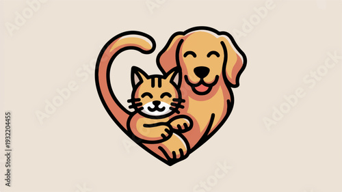 Heartfelt illustration of a dog and cat embracing cute animals love friendship heart shape