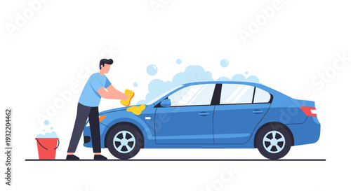 Man Washing Blue Car with Soap.