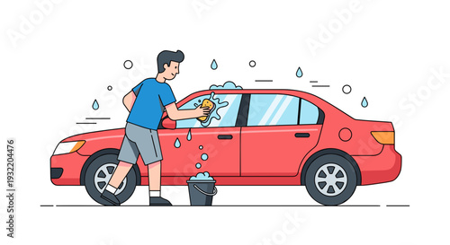 Man Washing Red Car with Sponge 1.