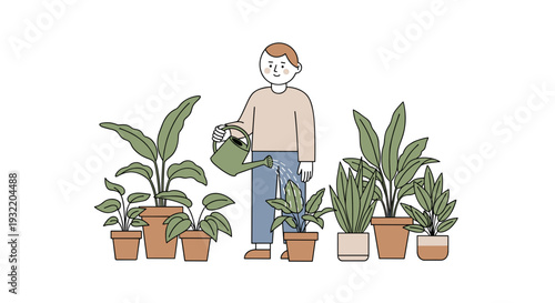 Man Watering Houseplants in Pots.