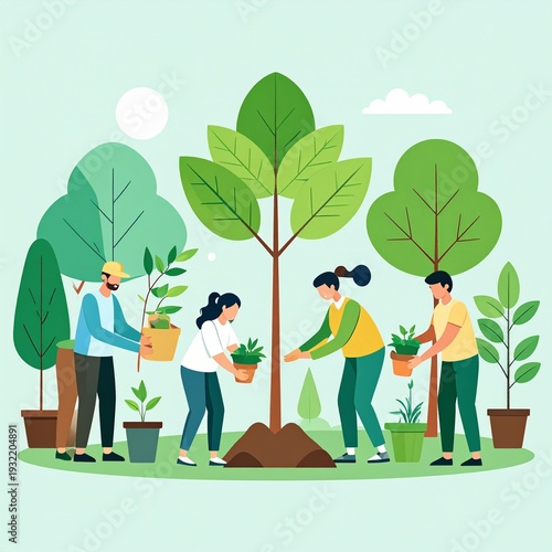 Diverse Group Planting Trees Together Outdoors.