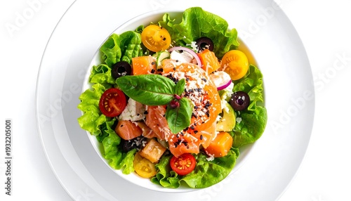 Overhead shot of fresh salad with salmon and vibrant veggies in a white bowl