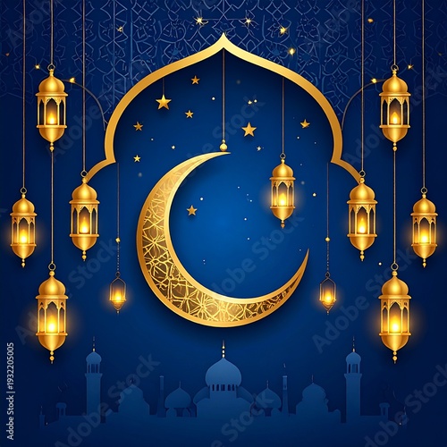 Golden Crescent Moon Lanterns Ramadan Night.
