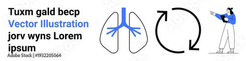 Lungs diagram, bold circular arrow signifying process or renewal, person holding clipboard for observation. Ideal for healthcare, research, process flow, study, biology, diagnostics simple landing