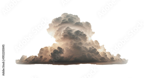 Dramatic cloud formation with soft gray and beige tones isolated on transparent background, watercolor sky element for landscape design and weather concepts