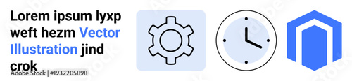 Gear for process, clock for time, and geometric structure icon in blue conveying technology. Ideal for workflow visualization, time management, planning, efficiency, automation, productivity simple