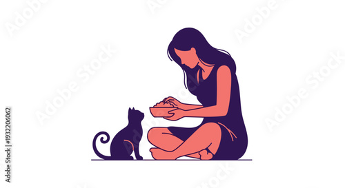 Woman Kneeling and Feeding Black Cat.