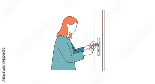 Woman Locking Door with Key Illustration.