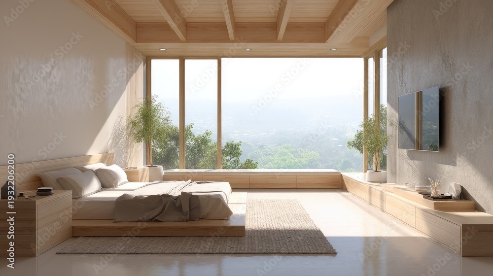 Fototapeta premium Modern minimalist bedroom interior with wooden decor and large windows overlooking scenic view, bright and airy atmosphere, serene design qualities