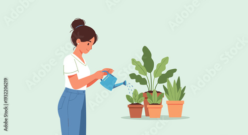 Woman Watering Plants with Care and Attention.
