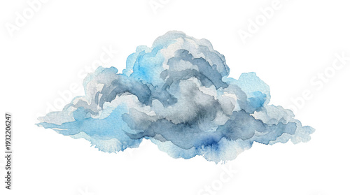 Watercolor blue cloud isolated on transparent background, whimsical weather element for design and decoration