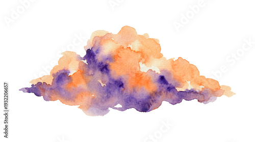 Watercolor cloud with orange and purple hues isolated on transparent background, abstract design element for greeting cards and invitations