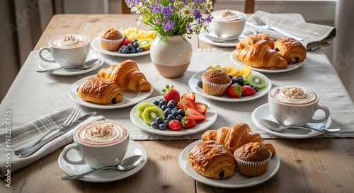Delicious Breakfast Spread with Croissants, Fruit, and Coffee on a Wooden Table.