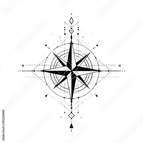 Compass rose nautical star navigation travel direction guide map design black and white vector illustration